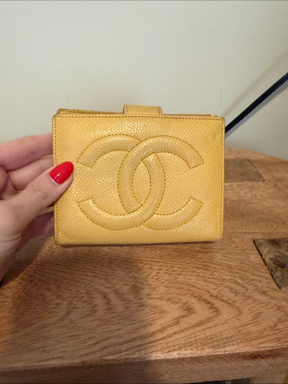 CHANEL Yellow Caviar Leather Compact Wallet with Embossed CC